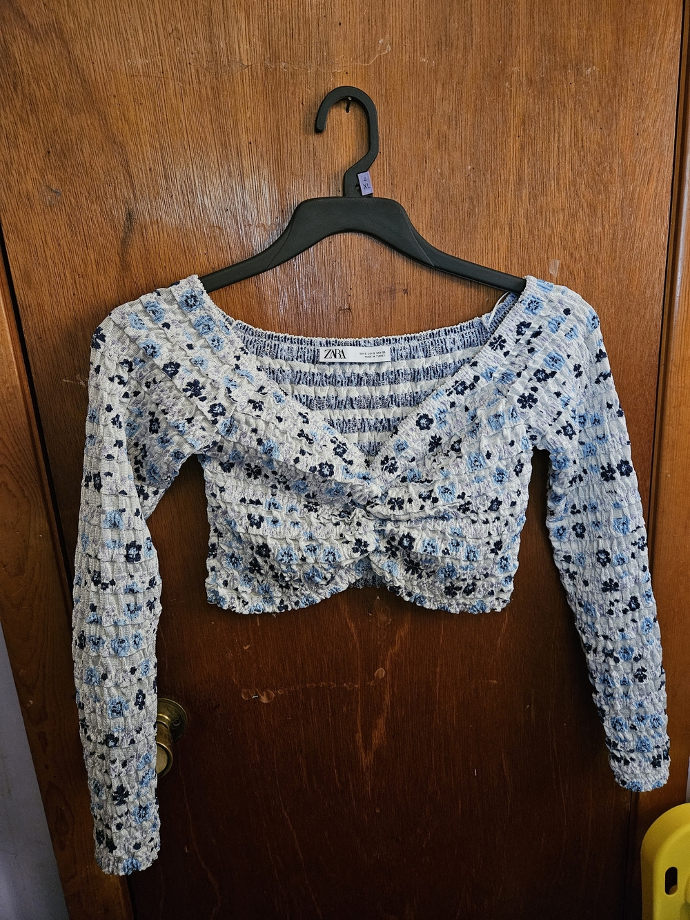 Zara Blue Floral Smocked Long-Sleeve Crop Top Size Small